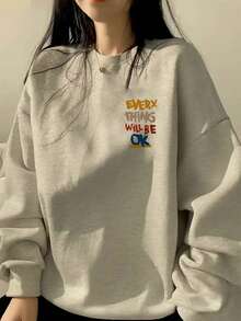 女士灰色简约个性字母印花宽松休闲舒适居家日常通勤返校圣诞节新年圆领长袖卫衣，秋冬款 - 灰色 - 查看 3