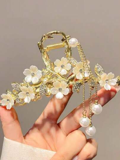 1pc Fashionable Elegant Faux Pearl & Rhinestone Flower Decor Hair Clip Women Hair Accessories Elegant Hair Claws Fashion Claw Clip