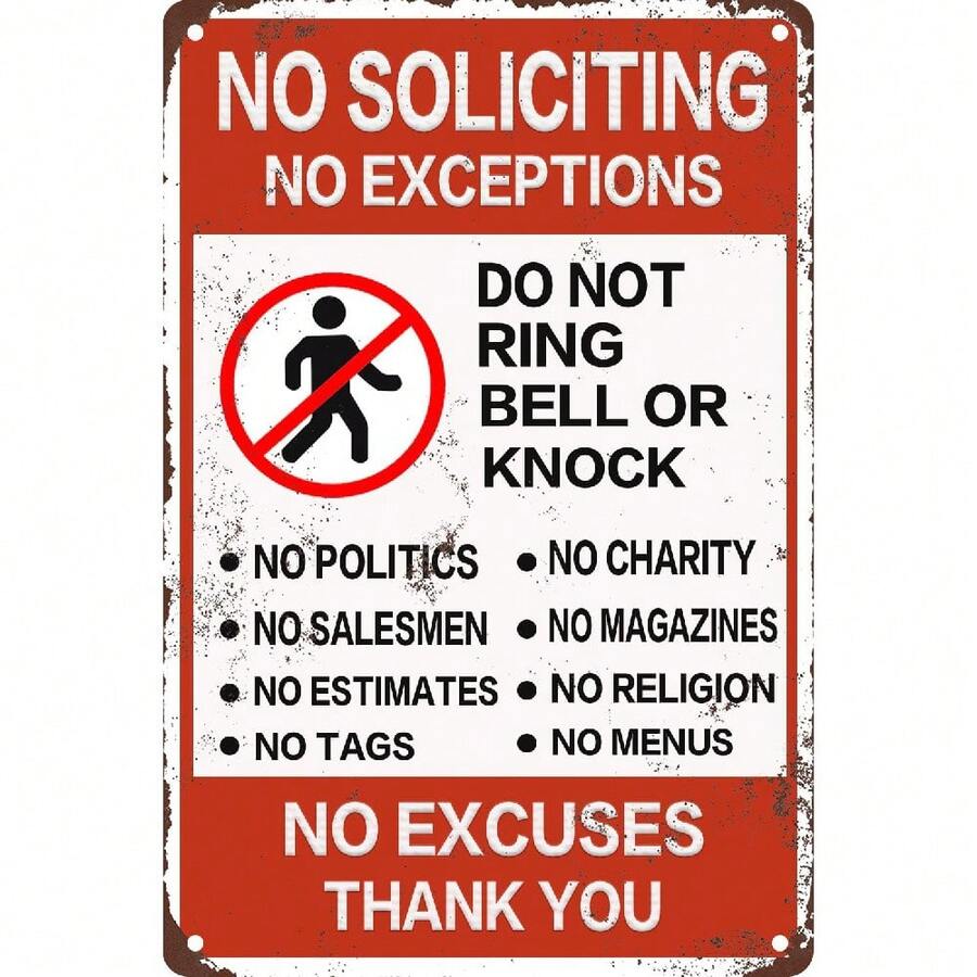 No Soliciting Sign, Funny Decor For House Door Office Business Yard, No Excuses, No Exceptions Do Not Ring Bell No Knock Sign 8 X 12 Inches Metal Tin Sign Weather Resistant - 白色 - 查看 1