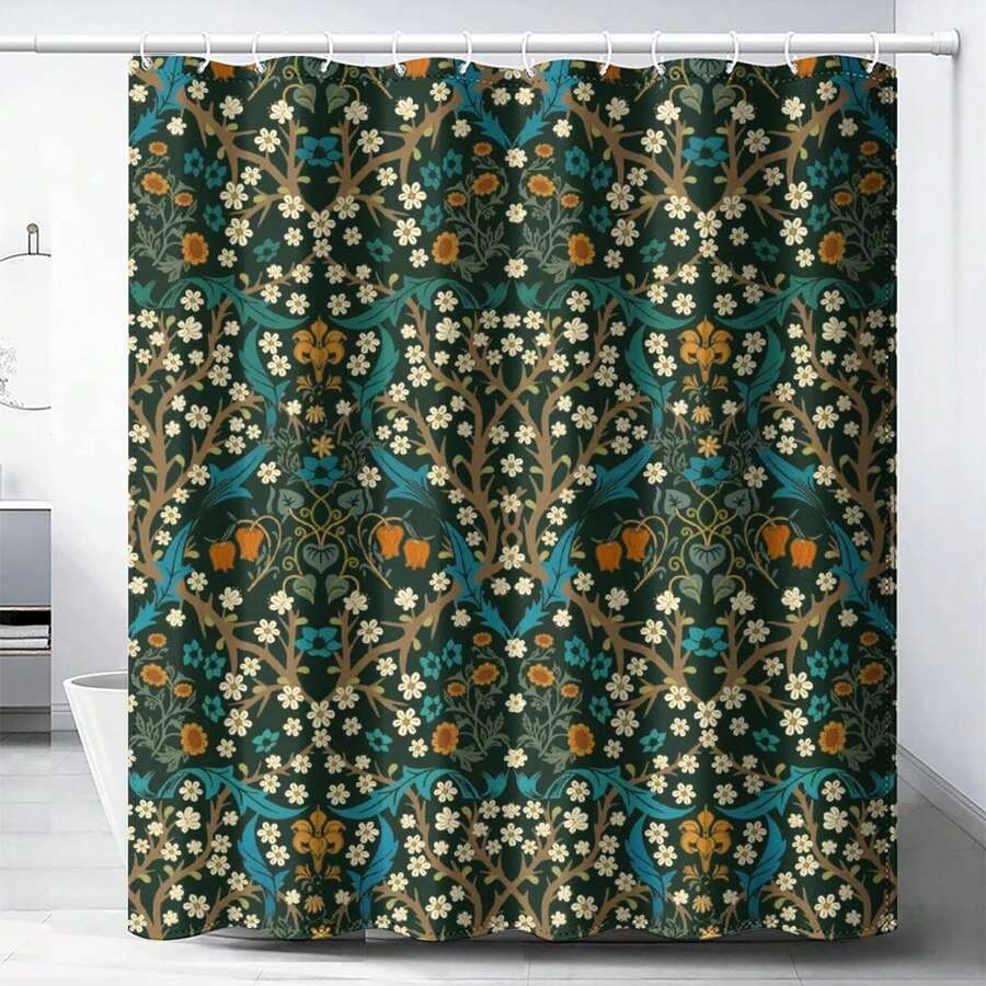 1pc Medieval Vintage Daisy Pattern Fabric Shower Curtain, Green Garden Floral Abstract Art Design, Suitable For Bathroom Bathtub Divider, Bathroom Shower Curtain Decor, Bathroom Accessories - Multicolor - View 1