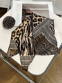豹纹真丝围巾，时尚优雅女士缎面印花头巾、领巾、发带、时尚女士头巾、披肩、围巾、女士领带