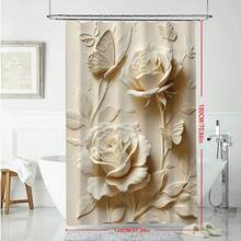 1件装奢华3D蝴蝶花卉图案浴帘，米色系列，时尚简约蝴蝶花卉印花浴帘，适用于浴室装饰、一般房间装饰、家居装饰套装、浴室配件浴缸帘 - 彩色 - 查看 2