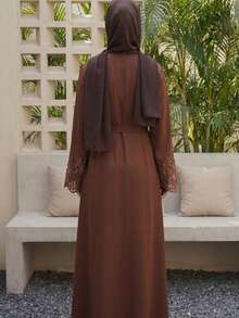 1pc Women's A-Line Sleeve Lace Arabic Traditional Solid Color Eid Al-Fitr Holiday Casual Jalabeya Robe Robe Spring - Coffee Brown - View 3