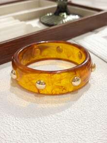 1pc Women's Fashion Bracelet, Handmade Gold Bead & Resin Bracelet, Suitable For Daily Wear - Wide Resin Bangle With Gold Beads - View 19