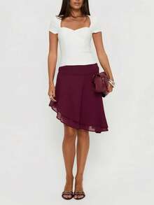 Elegant Casual Solid Color Chiffon Asymmetric/Asymmetrical Layered Skirt, Beach Resort Wear, Spring/Summer - Red Violet - View 11