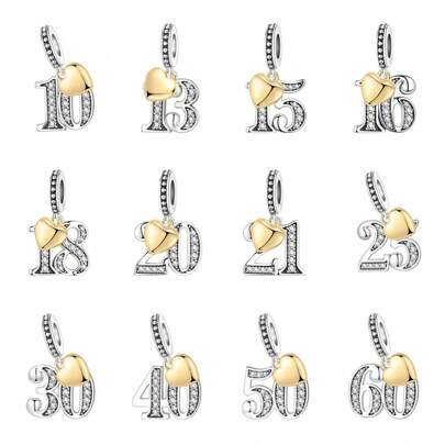 CYMYSS 1pc Fashionable Numeral Pendant, Silver-Plated Copper With Cubic Zirconia, Heart Accent, Birthday/Anniversary Gift For Women