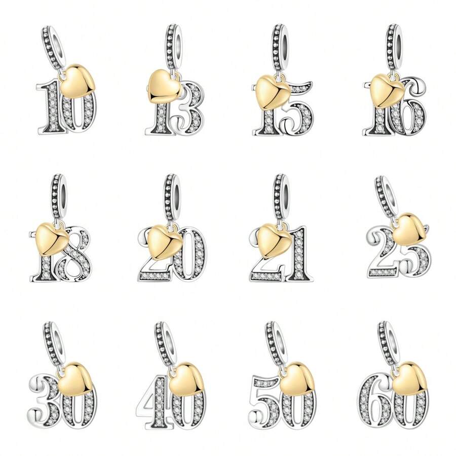 CYMYSS 1pc Fashionable Numeral Pendant, Silver-Plated Copper With Cubic Zirconia, Heart Accent, Birthday/Anniversary Gift For Women - Multicolor - View 1