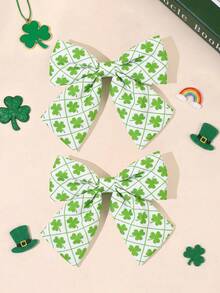 2个圣帕特里克节女孩发夹，绿色三叶草鳄鱼夹，三叶草格子印花蝴蝶结发夹，女孩节日发卡，幸运三叶草发夹，婴儿发饰 - 彩色 - 查看 6