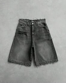 Men's Gothic Punk Black Washed Distressed Denim Shorts, Y2K Hip-Hop Streetwear Casual Summer Shorts - 黑色 - 查看 1