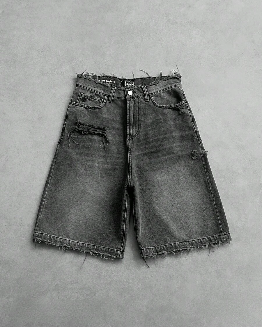 Men's Gothic Punk Black Washed Distressed Denim Shorts, Y2K Hip-Hop Streetwear Casual Summer Shorts - 黑色 - 查看 1