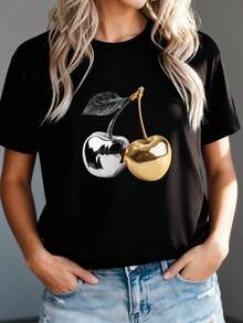 Women'S Elegant Cherry Print T Shirt With Golden & Silver Cherry Design, Round Neck Short Sleeve Casual Top For Everyday & Formal Outfits Spring Summer, Holiday Gift Apparel, Cherry T Shirt, - Đen 1 - Xem 3