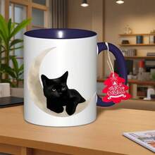 2025 New MoReusableel Black Cat On Crescent Moon Ceramic Coffee Mug - Reusable Cup With White & Black Contrast Design, Durable Ceramic Construction, Hand-Wash Only, Ideal For Hot/Cold Drinks, Perfect Gift For Coffee Lovers - Màu xanh hải quân - Xem 3