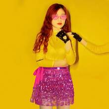 Sequin Belly Dance Scarf Tassel Wrap Sparkly Fringe Skirt With Pair Heart Party Rave Costume Women - 玫紅色 - 查看 3