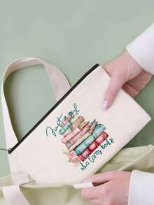 1/2pcs Set Large Capacity Beige Canvas Floral & Book Themed Printed Tote Bag And Zipper Storage Bag Set, Fashionable Floral & Book Themed Shoulder Bag, Shoulder Bag, Multifunctional Portable Travel Storage Makeup Set, Suitable For Back To School, Graduation, Travel, Birthday, Anniversary, Teacher's Day, Thank You Gifts, Essential For Students And Teachers, Great For Travel