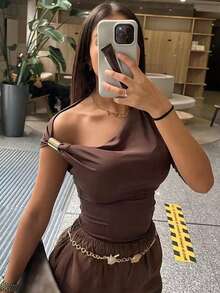 Women's Brown Asymmetric One Shoulder Ruched Top For Summer Beach Vacation Slim Fit Simple Tops - Brown - View 6