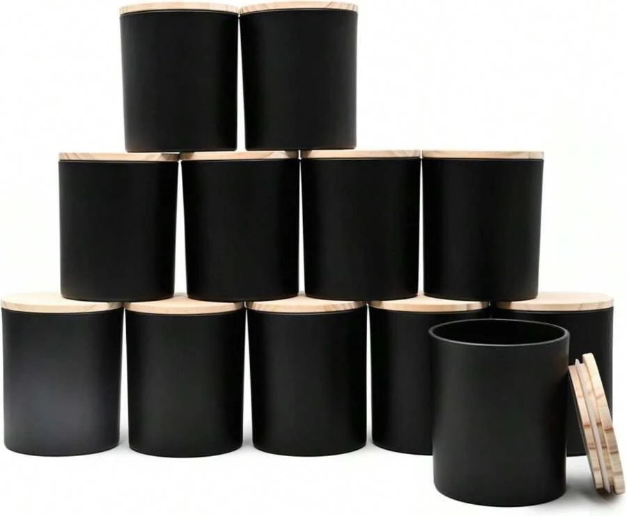 SHOWIN 14 OZ Thick Candle Jars For Making Candles 12 Pcs, 3 Wick Empty Jars With Wood Lids For Candle Making, Sample Container,Matte Black - ColorU - View 1