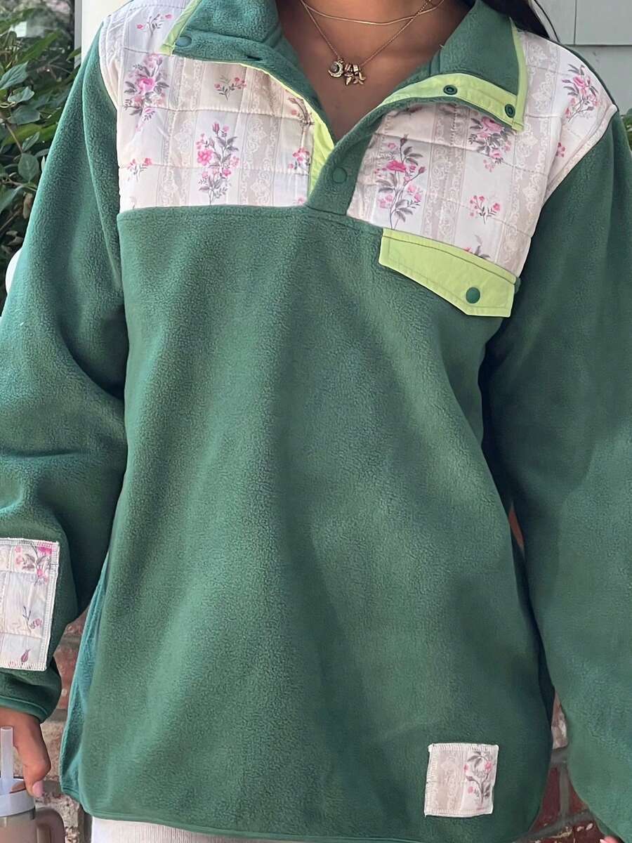 Women's Fleece Pullover Floral Patchwork Collar Pocket Casual Vintage Y2K Top - 綠色 - 查看 1