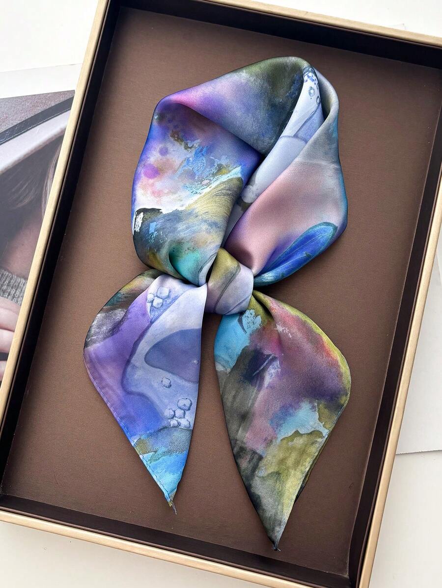 1pc Elegant Versatile Purple Iris Pattern Faux Silk Scarf, Headscarf - Multicolor - View 1