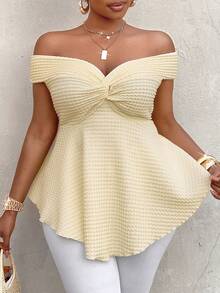 BIUBIU Damska dzianinowa bluzka na jedno ramię w dużym rozmiarze z falbaną u dołu, krótkim rękawem odsłaniającym ramiona, asymetrycznym, regularnym krojem - Szampan - Zobacz 5