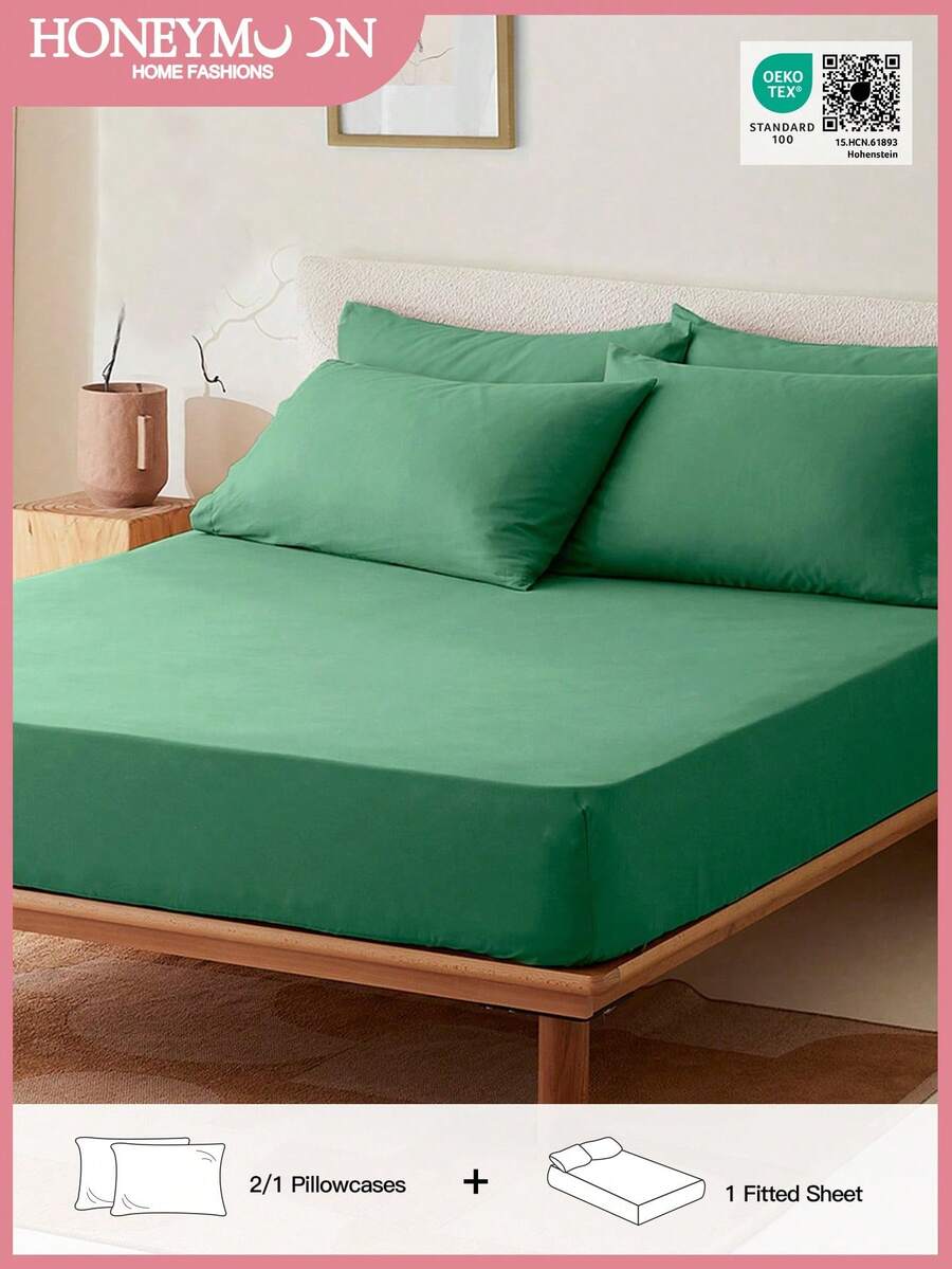2/3pcs Solid Color Fitted Sheet, 9.85inch/25cm Deep Pocket Mattress Protector, Mattress Cover For Bed, Soft And Breathable, For All Size Bed -Twin, Full, King, Queen Size Sheet, Machine Washable, Oeko-Tex Certified, Deep Mint Green - Deep Mint - View 1