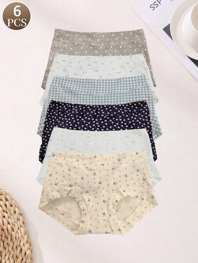 6PCS Women's Panties Fashionable And Fresh With Floral Heart Pattern Women's Casual Sports Underwear Soft And Comfortable Mid Waist Women's Boxer Briefs