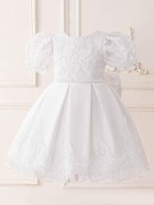Young Girls Round Neck Faux Pearl Embroidered Tulle Elegant Wedding Princess Dress Suitable For Ball, Fabric Pattern Randomly Cut, Headband Not Included - White - View 7