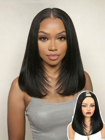 14 tum kort svart U-part rak peruk med lager av syntetiska fibrer, lämplig för kvinnor, uppgraderad U-part peruk, ingen sömnad, inget lim krävs