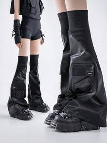 1 Pair Y2K Style 3D Pocket Ribbed Patchwork Leather Leg Warmers, Suitable For Calves 38cm Or Less, Sexy Look - Black - View 2