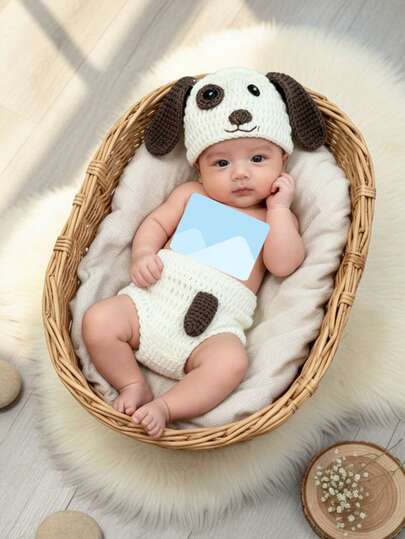 2pcs Baby Cartoon Puppy Dog Design Sets Newborn Photography Props Hand-Knitted Hat & Shorts Set With Tail For Studio Photos Accessories