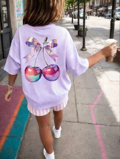 1pc Tween Girls' Cherry Print Short Sleeve T-Shirt, Student & Young Casual Comfortable & Fashionable Summer Top