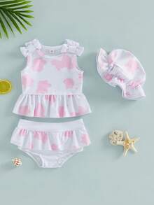 Conjunto de traje de baño para bebé niña pequeña, estampado, sin mangas, con volantes, top tipo tanga y gorro para el sol, 3 piezas. - Blanco - Ver 2