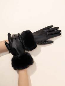 1pair Women's Leather Touchscreen Gloves With Fuzzy Lining, Warm And Windproof Halloween Accessories Winter Gloves - 黑色 - 查看 2
