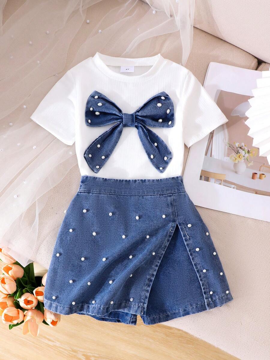 3pcs Girls Casual Sweet Round Neck T-Shirt + Detachable Bow + Skort Set, Summer - White - View 1