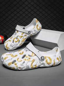 Unisex Casual Hollow Hole Slippers, Indoor Home Slippers, Bathroom Slippers, Outdoor Beach Slippers, Slides, Soft & Comfortable, Breathable, Asymmetrical Camouflage Pattern - White - View 1