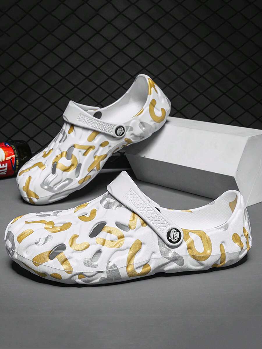 Unisex Casual Hollow Hole Slippers, Indoor Home Slippers, Bathroom Slippers, Outdoor Beach Slippers, Slides, Soft & Comfortable, Breathable, Asymmetrical Camouflage Pattern - White - View 1