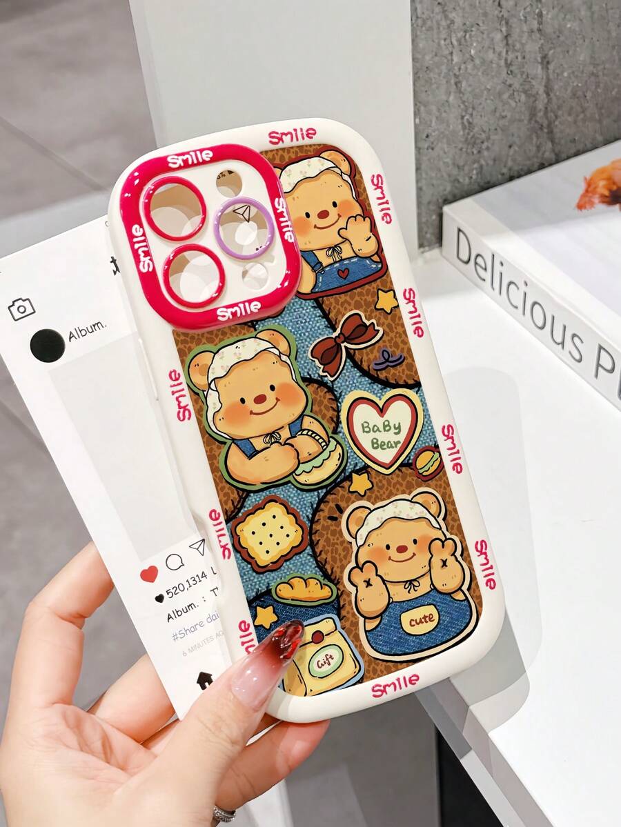 1pc Cute Bear Cookie Pattern Soft TPU Shockproof Phone Case, Cartoon Style Compatible With Apple Models - Multicolor - View 1