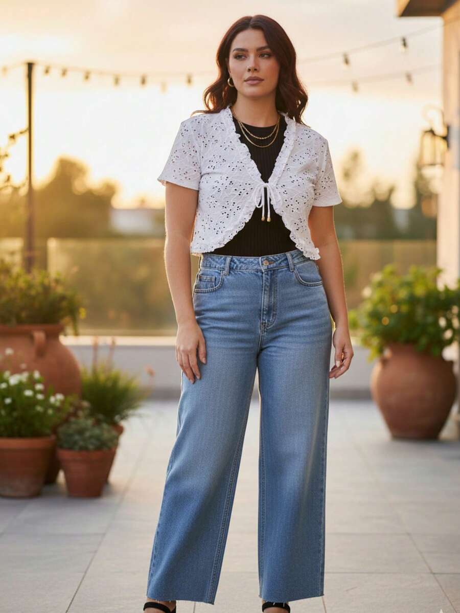 Summer Casual Lace Short Sleeve Bolero - trắng - Xem 1
