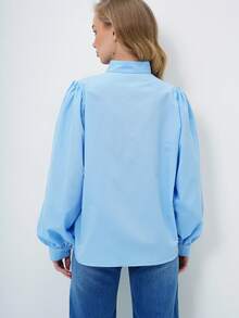 Elegant Casual Women Long Sleeve Stand Collar Button Down Shirt Blouse - Blue - View 6