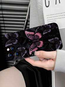 Fashionable, Popular, Personalized, Pink & Purple Butterfly With Leaf Pattern Design Theme Luxury Shockproof Aesthetic Cute Phone Case, Lens Protrusion Protection, Compatible With IPhone 17/17Pro/17Pro Max, 16, 15, 14, 13, 12, 11 Plus/Pro Max And Series, And Compatible With For Galaxy S/A Series, Gift For Easter Day, Christmas Halloween Decoration/Gift For Birthday, Girlfriend, Boyfriend, Friend Or Yourself. - Black - View 4