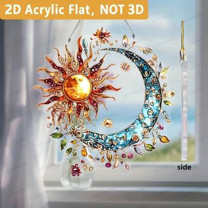 2D Flat 1pc, 2D Flat Boho Style Moon And Sun Acrylic Suncatcher, Colorful Glass Ornament, Window Decor Hanging, Spring Symbol, Porch Decor, Wall Decor, Home Decor, Ideal Gift For Family And Friends