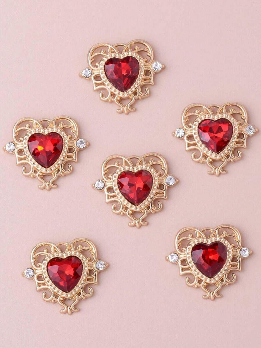 5pcs DIY Handmade Flower Plate Rhinestone Button Materials, Hollow Lace Inlaid Heart Crystal Alloy Accessories - Red - View 1