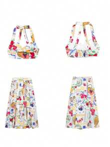 Salvatore Ferragamo Women 2-Piece Printed Sleeveless Top And Single-Breasted Long Skirt, Casual Suit, Bohemian Style Summer Dress, Bohemian Style, Vacation, Summer Dress, Wedding, Summer Dress, Women's Vacation Outfit, Retro Style, St. Patrick's Day Outfit, Easter Dress, Backless Dress, Denim Outfit, Wedding Dress - Multicolor - View 7