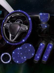 7件套汽车配件套装,女士汽车配件,亮面方向盘套,亮面汽车杯垫,亮面套装,安全带肩垫,圆形Logo贴纸,换挡杆套 - 款式A - 查看 15