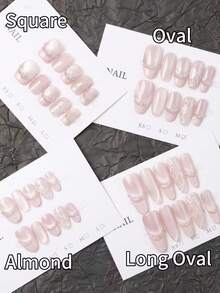 10pcs Rhombus French Pearl Pink Cat Eye Bow Handmade Acrylic Press-On Nails, Shiny Rhinestone Decor Short Coffin/Long Oval French Fake Nails For Spring/Summer, Full Coverage Nail Tips With Jelly Gel And Nail File, DIY Manicure Supplies Handmade Press On Nails - Pink - View 10
