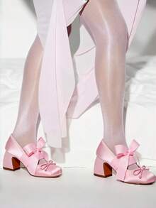 Elegant Cute Womens Ballet High Heels Round Toe Bow Decors Lace Up Block Heel Ballerina Dancing Shoes Party Dressy Occasions Heeled Shoes - Hồng - Xem 3