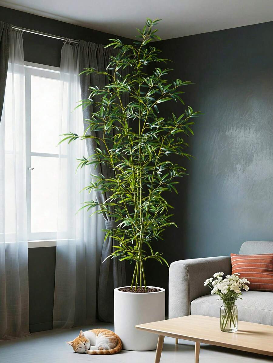 160-195cm Large Fake Bamboo Tree Artificial Palm Plants Tropical Cycas Branch Plastic Bambusa Leaves Green Dracaena Faux Monstera For Home Garden Office Decor 1pc Without Pot - Green - View 1