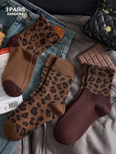 3 đôi tất nữ thời trang họa tiết da báo, cao đến bắp chân, thoáng khí và thoải mái, màu sắc ngẫu nhiên, phù hợp cho mặc hàng ngày và đi chơi, mọi mùa.