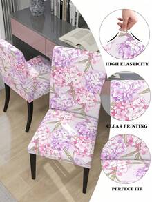 1pc Milk Silk High Back Chair Cover, Leaf & Purple Flower Print, Stretchy, Dust & Stain Resistant, Suitable For Living Room, Dining Room, Bedroom, Study, All Seasons - Multicolor - View 7