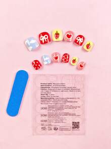 12pcs Valentine's Day Press On Nails Short French Nails Y2k Pink Nails Square Fashion Glitter Geometry Stripes Heart Bow Strawberry Pattern Simple Reusable Press On Acrylic Nails Fake Nails Supplies Free Of 24 Pieces Of Jelly Tabs And A Mini File ﻿ - Pink - View 3