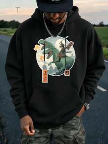 Felpa con cappuccio grafica Samurai Dinosaur Rider, 100% cotone, vestibilità ampia, vestibilità comoda, street hip-hop, stampa grafica unica - nero - Visualizzare 1